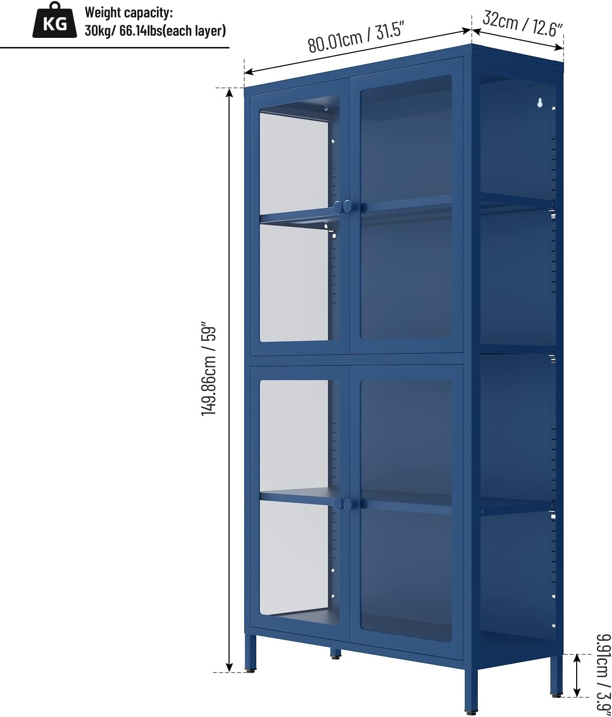 Vitrina de cristal con 4 estantes ajustables y pies de acero laminado en frío, armario de almacenamiento de 4 niveles con 2 puertas de vidrio,