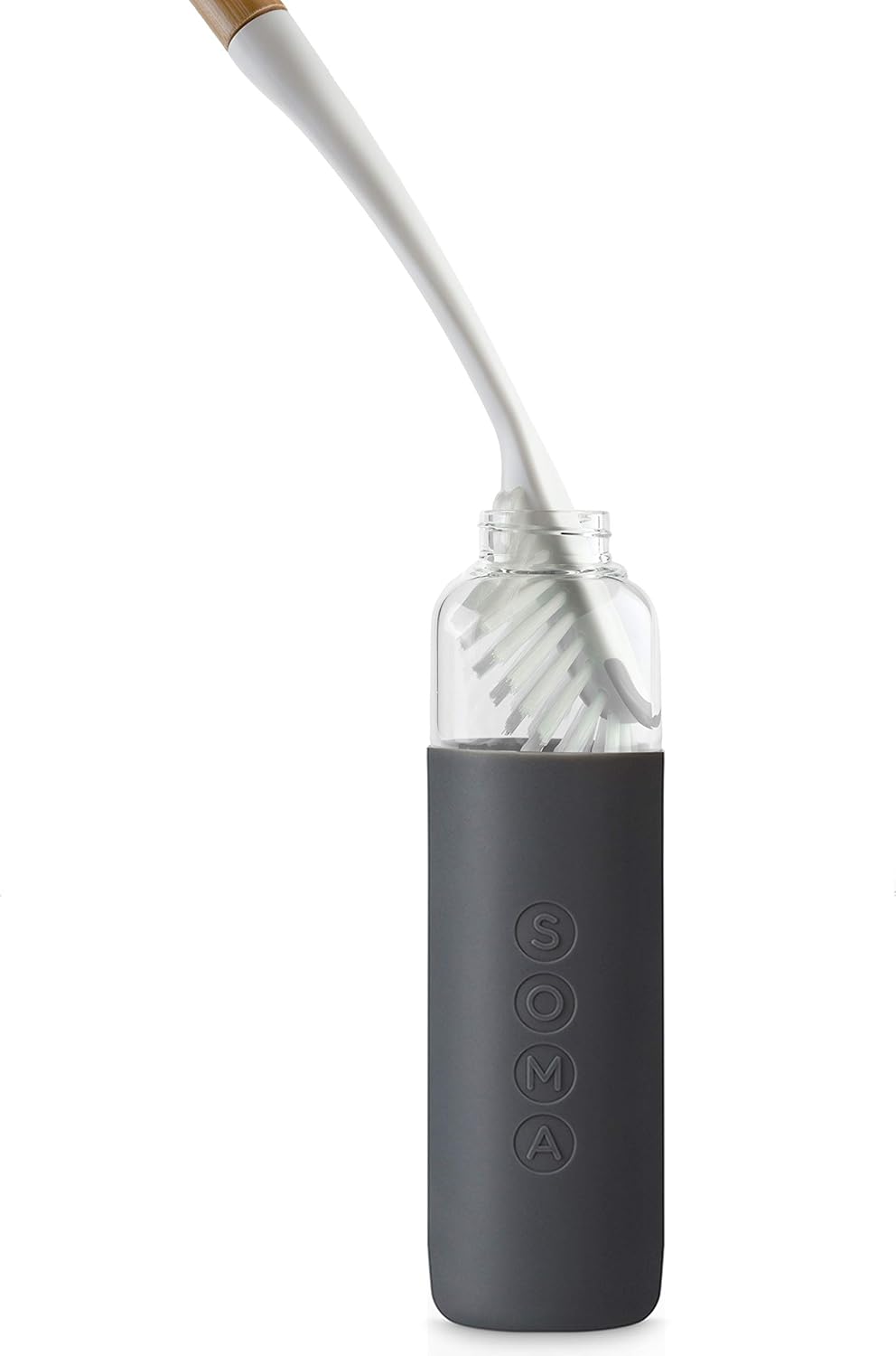 SOMA Cepillo largo para botellas de cabeza curva con soporte de silicona y mango de bambú, 14 pulgadas, gris