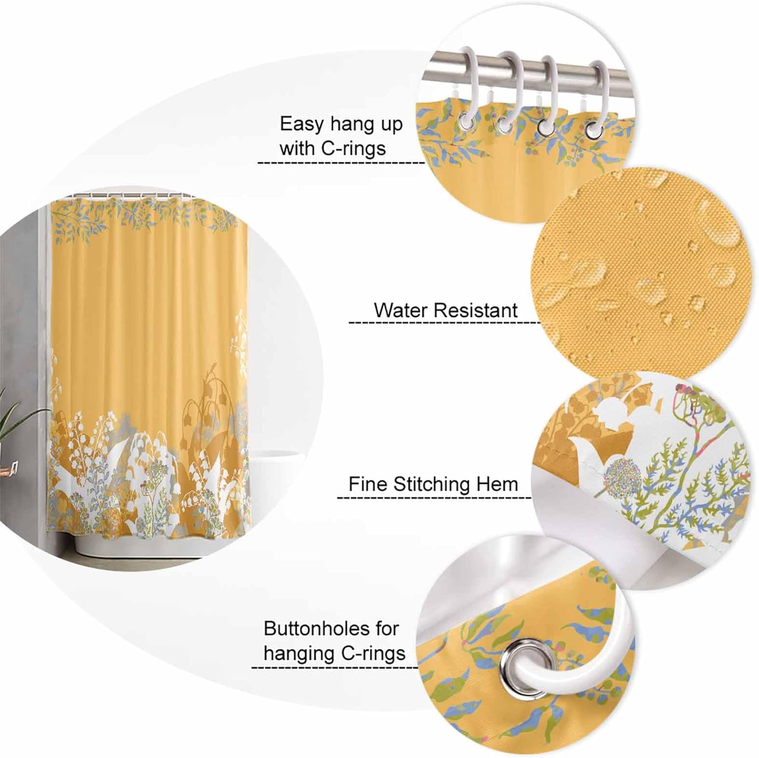 Shower Curtain Waterproof Shower Curtain for Bathroom,Bathtub,Shower, Orange Yellow Flower Floral Plant Beige Shower Curtain Set with Hooks for Home