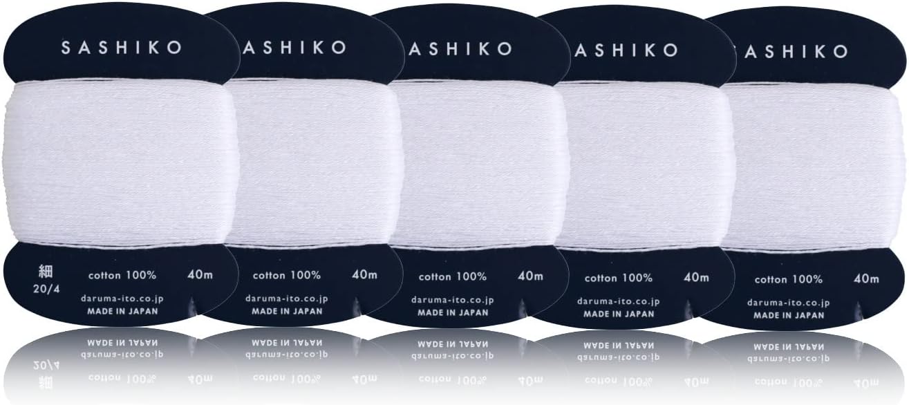 Daruma Sashiko Hilo 100% Algodón Tipo de Tarjeta (43.7 yd)x5 piezas con manual en inglés, juego de valores de costura y bordado (blanco) 01-2400-2015