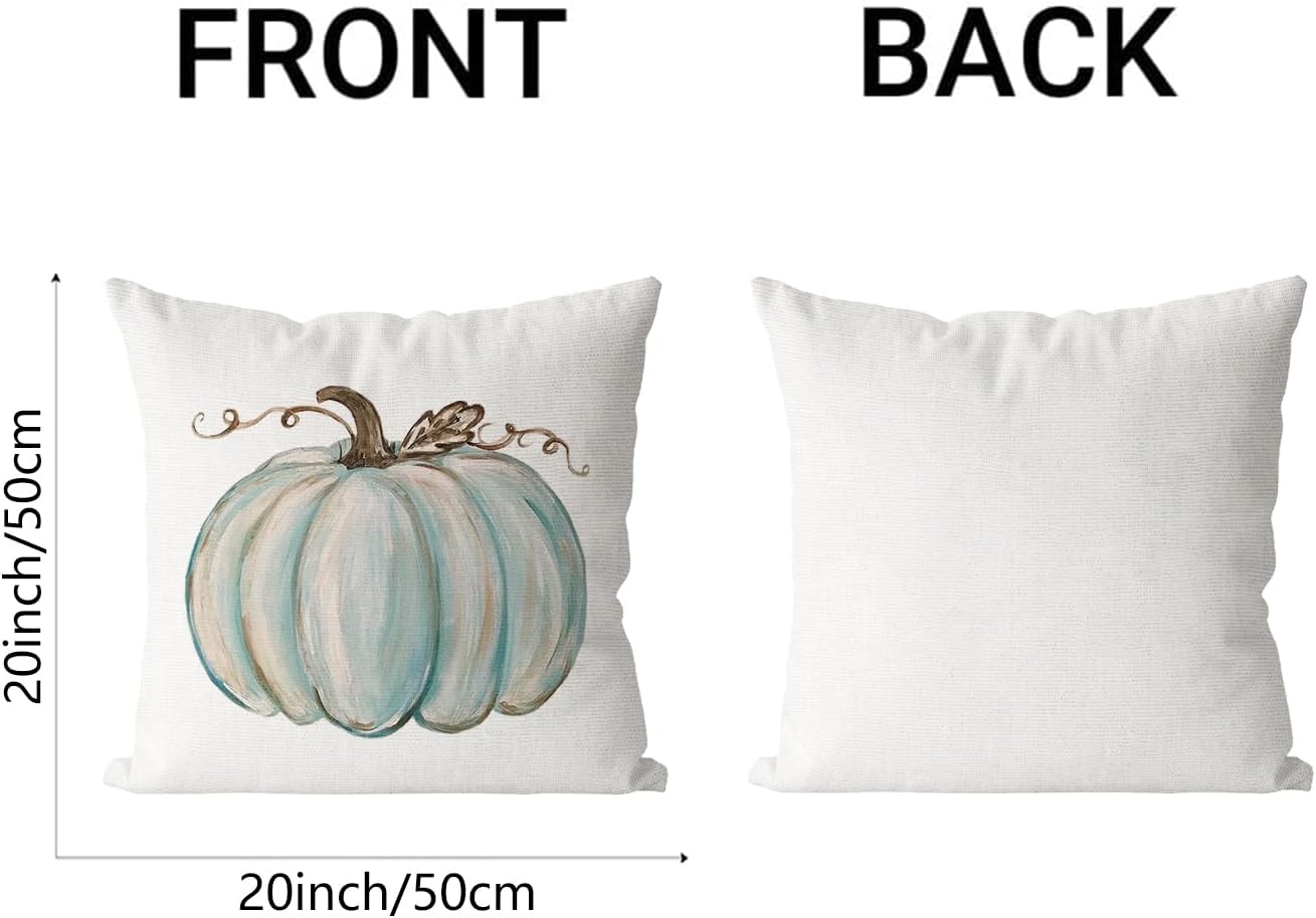 Juego de 2 fundas de almohada decorativas de otoño de 20 x 20 pulgadas, fundas de cojín de calabaza azul claro, lino sintético, granja, Acción de