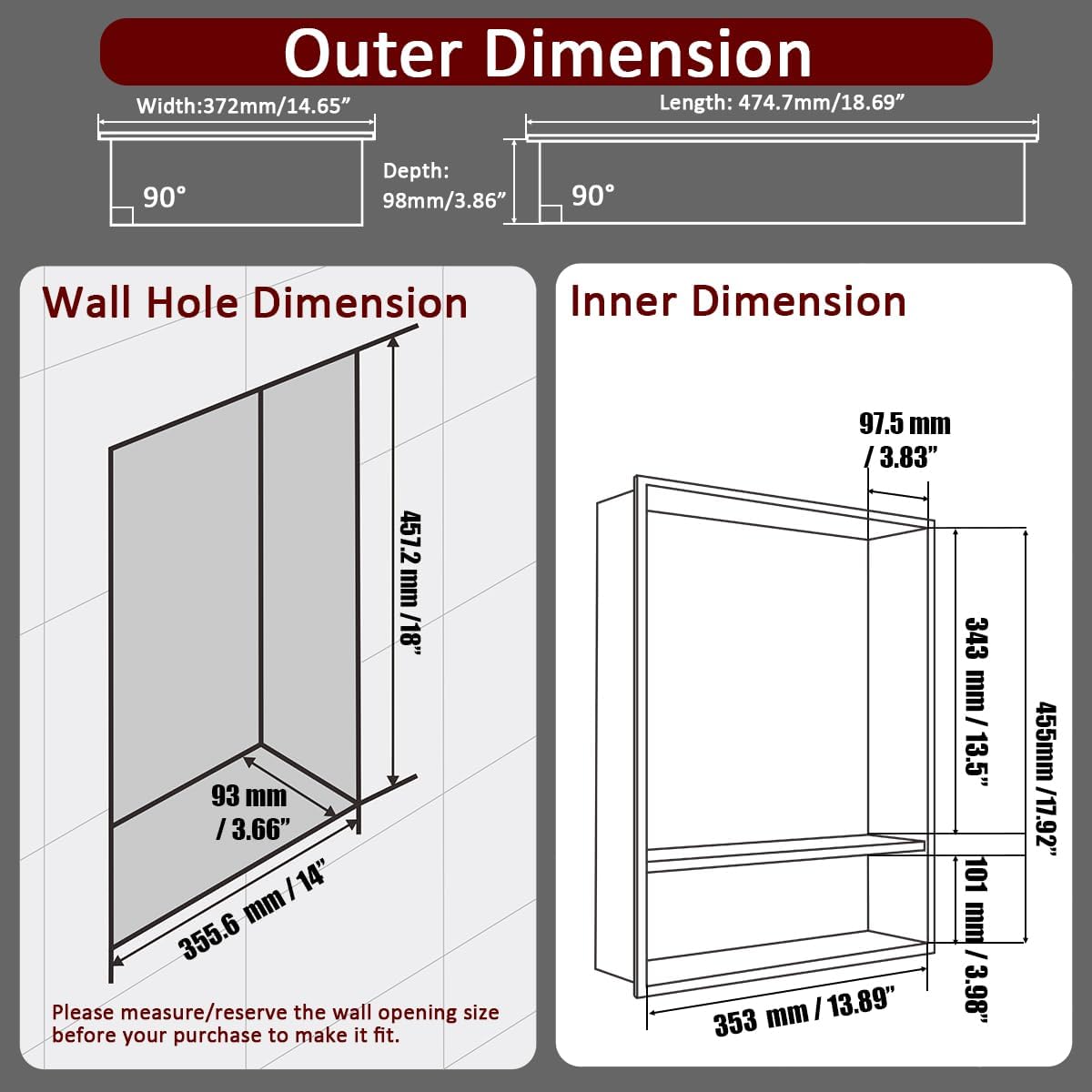 JQK Niche de ducha sin necesidad de azulejos, estante de baño blanco mate de 18 x 14 pulgadas, 2 capas, organizador de ducha empotrado de acero