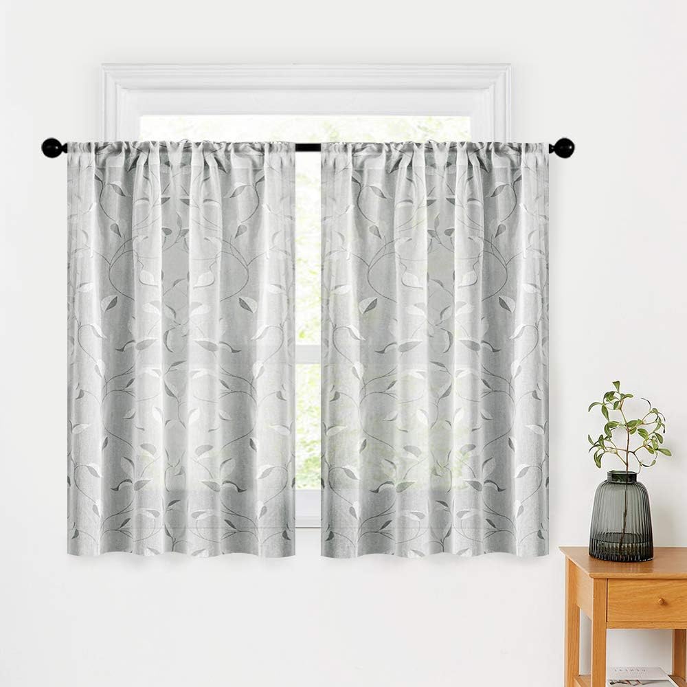 MRTREES Cortinas cortas de lino transparente, con bolsillo para barra, cortinas de cocina con estampado de hojas para sala de estar, dormitorio,