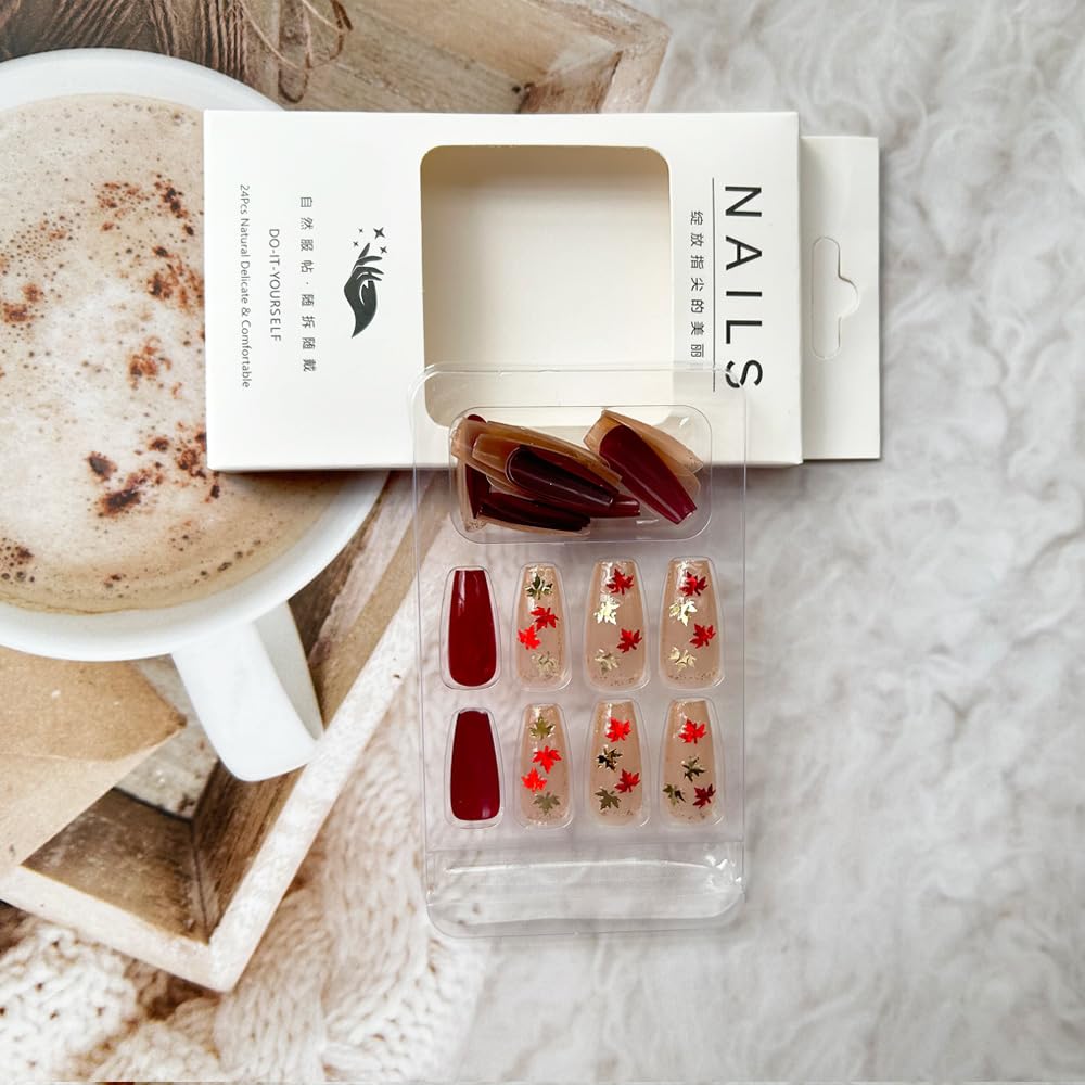 Uñas postizas a presión de otoño medianas con hojas de arce, uñas postizas cuadradas de ballet de cobertura completa, uñas acrílicas de otoño de