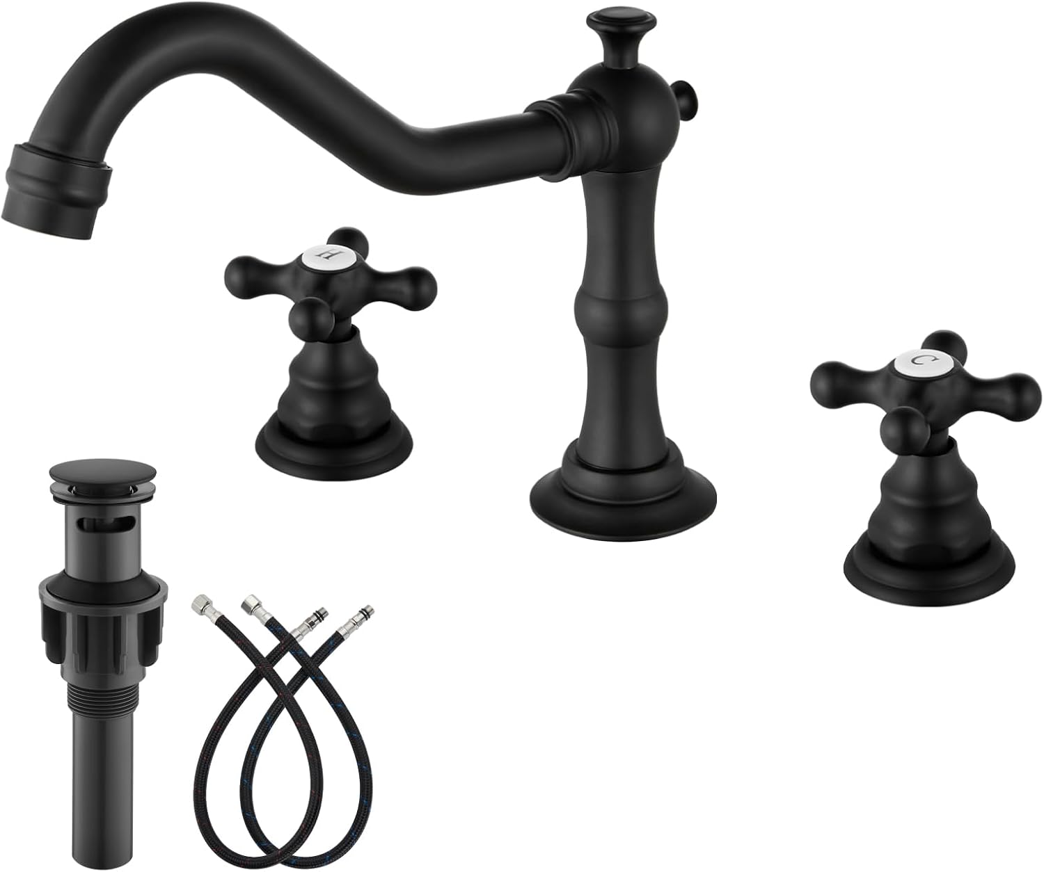 gotonovo Grifo de lavabo de baño negro mate de 3 agujeros con desagüe emergente de dos manijas extendidas de doble cruz pomos mezcladores montaje en