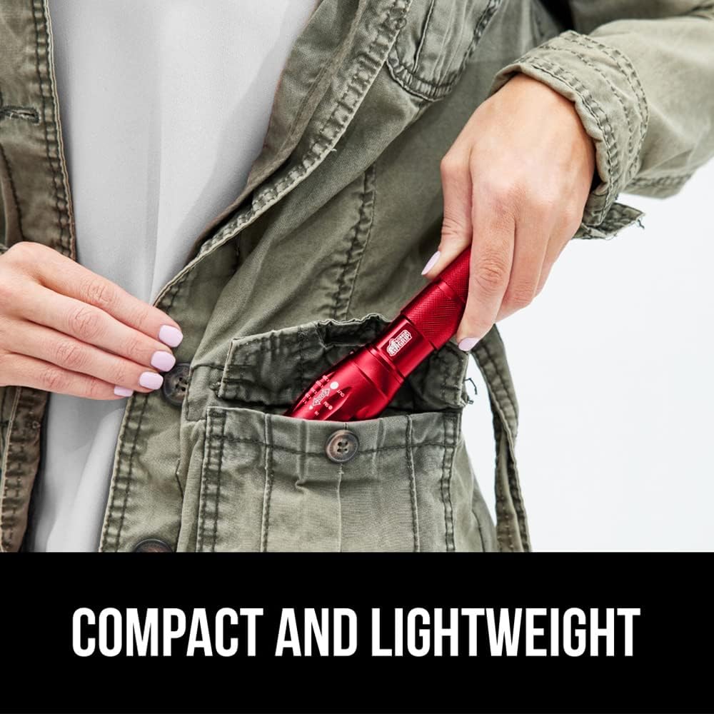 Gorilla Grip Linterna táctica LED pequeña y potente, ultrabrillante, 5 modos ajustables, alcance hasta 750 pies, impermeable, batería de larga