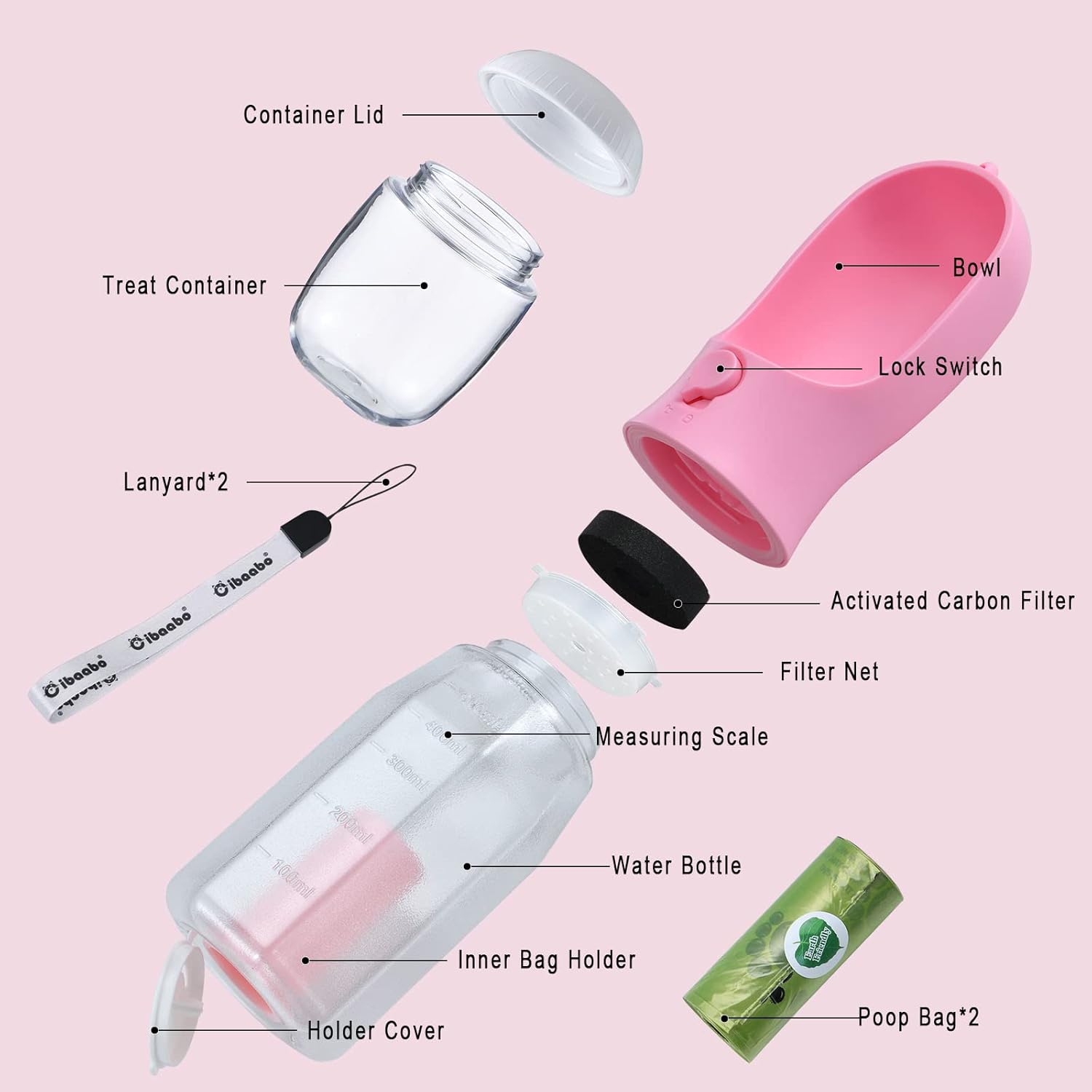Botella de agua para perros con contenedor de alimentos y soporte para bolsa de excrementos, cuenco de agua de viaje, dispensador portátil para