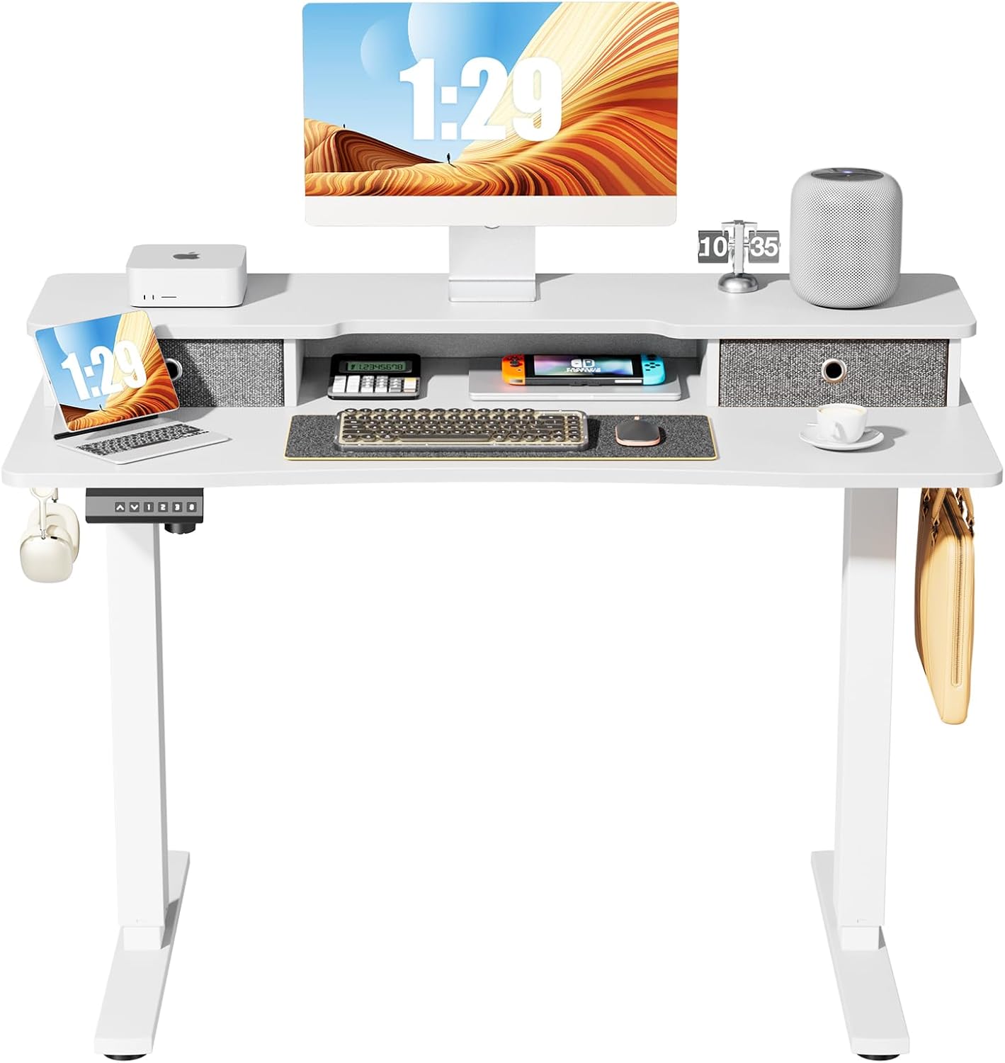 Sweetcrispy Escritorio eléctrico de pie ajustable en altura con estante de almacenamiento, cajón doble, escritorio de pie de 48 x 24 pulgadas,