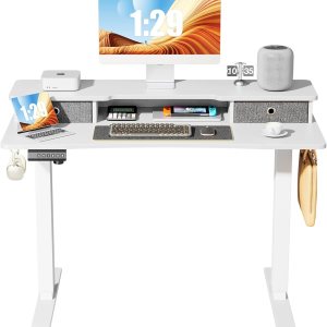 Sweetcrispy Escritorio eléctrico de pie ajustable en altura con estante de almacenamiento, cajón doble, escritorio de pie de 48 x 24 pulgadas, Sweetcrispy Escritorio eléctrico de pie ajustable en altura con estante de almacenamiento, cajón doble, escritorio de pie de 48 x 24 pulgadas,