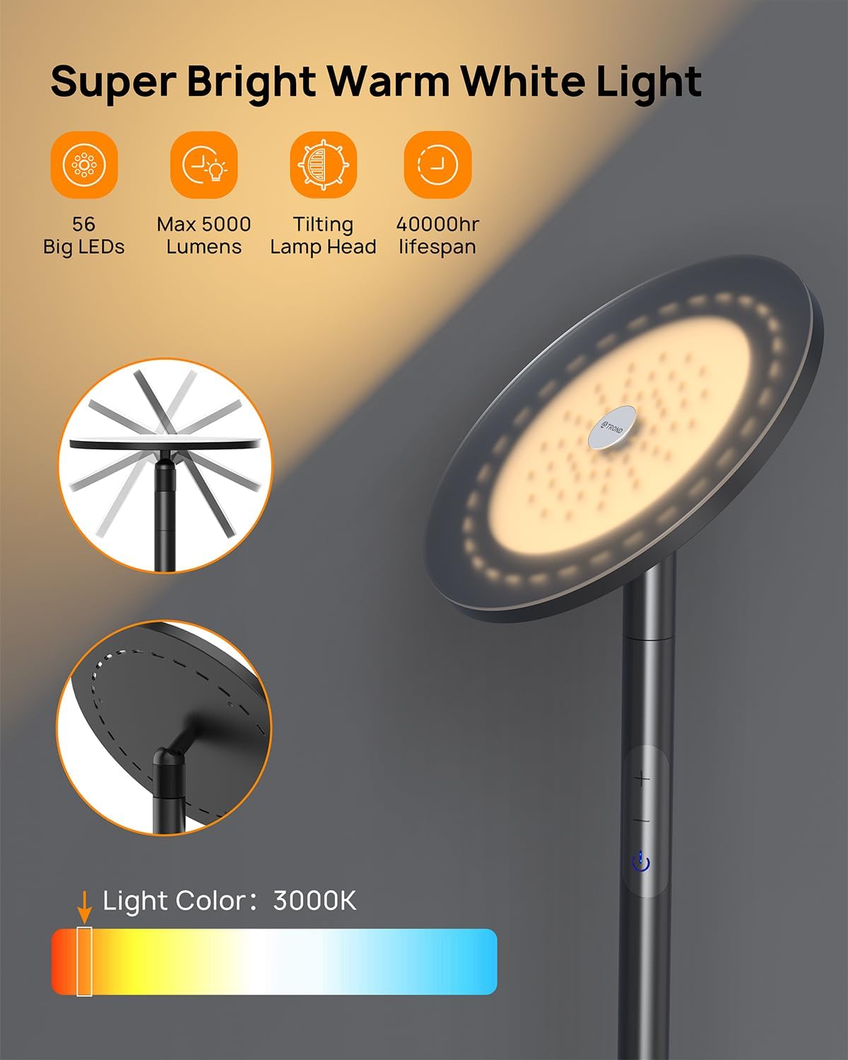 TROND Lámpara de pie LED para dormitorio, 5000 lúmenes, lámparas de pie modernas súper brillantes para sala de estar, control táctil de 5 niveles