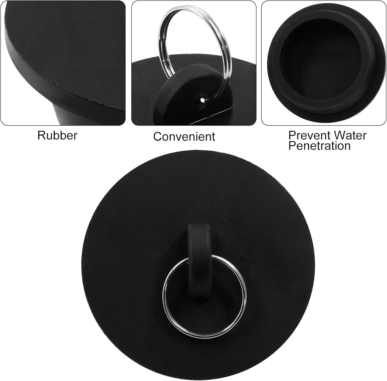 Paquete de 4 tapones de goma para fregadero de bañera, tapones de drenaje de bañera negros con anillo de tracción para cocina, bañera, fregadero de