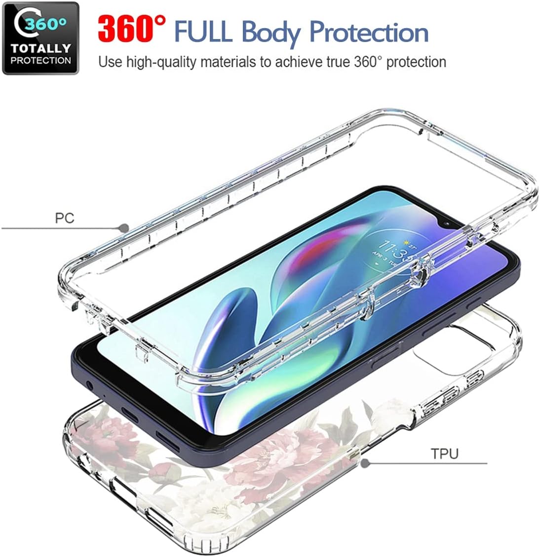 Funda para Moto G50 5G, Motorola G50 XT2149-1 con protector de pantalla de vidrio templado, bonito patrón floral transparente de cuerpo completo,