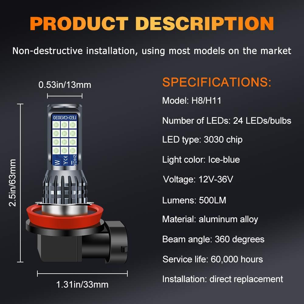Teguangmei 2 bombillas LED antiniebla H8 H9 H11 color azul hielo, 24-SMD 3030 chips de alto brillo  Bombillas LED Plug & Play  Luces antiniebla DRL