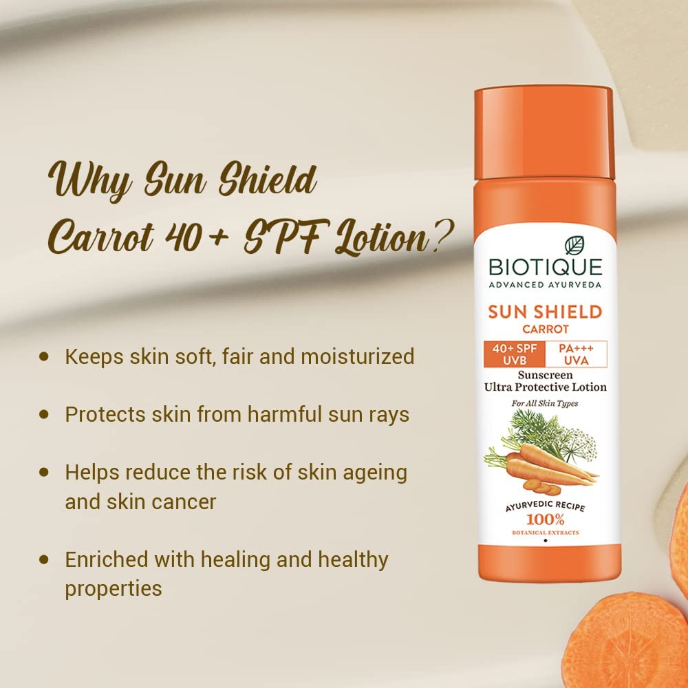 Biotique Loción solar facial y corporal SPF 40 – Zanahoria 4.1 fl oz