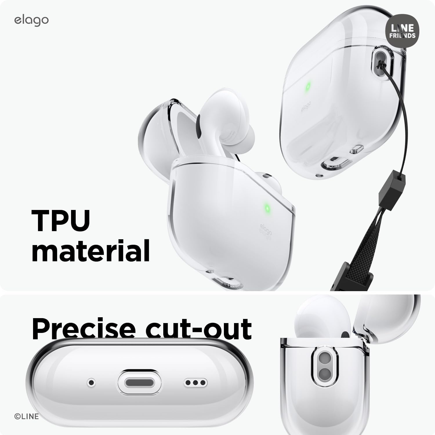 elago l LINE – Funda transparente con cordón compatible con AirPods Pro 2, protección duradera de cuerpo completo, reducción del amarilleo,
