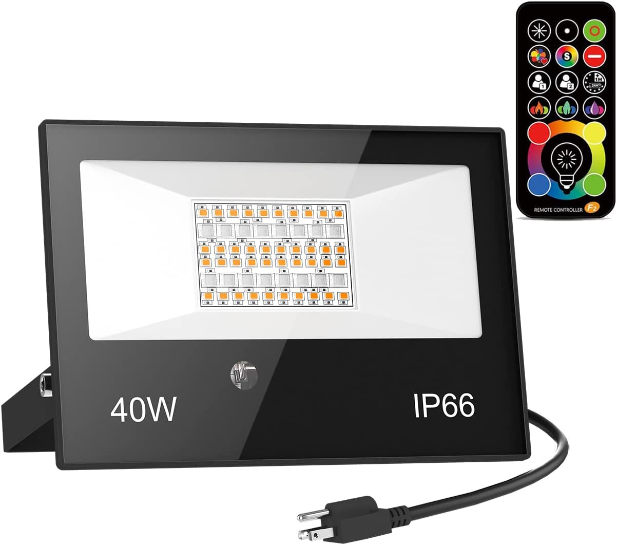 Luz de inundación LED para exteriores equivalente a 400 W, RGB y 5700 K luz diurna blanca luces de seguridad con control remoto, temporizador,