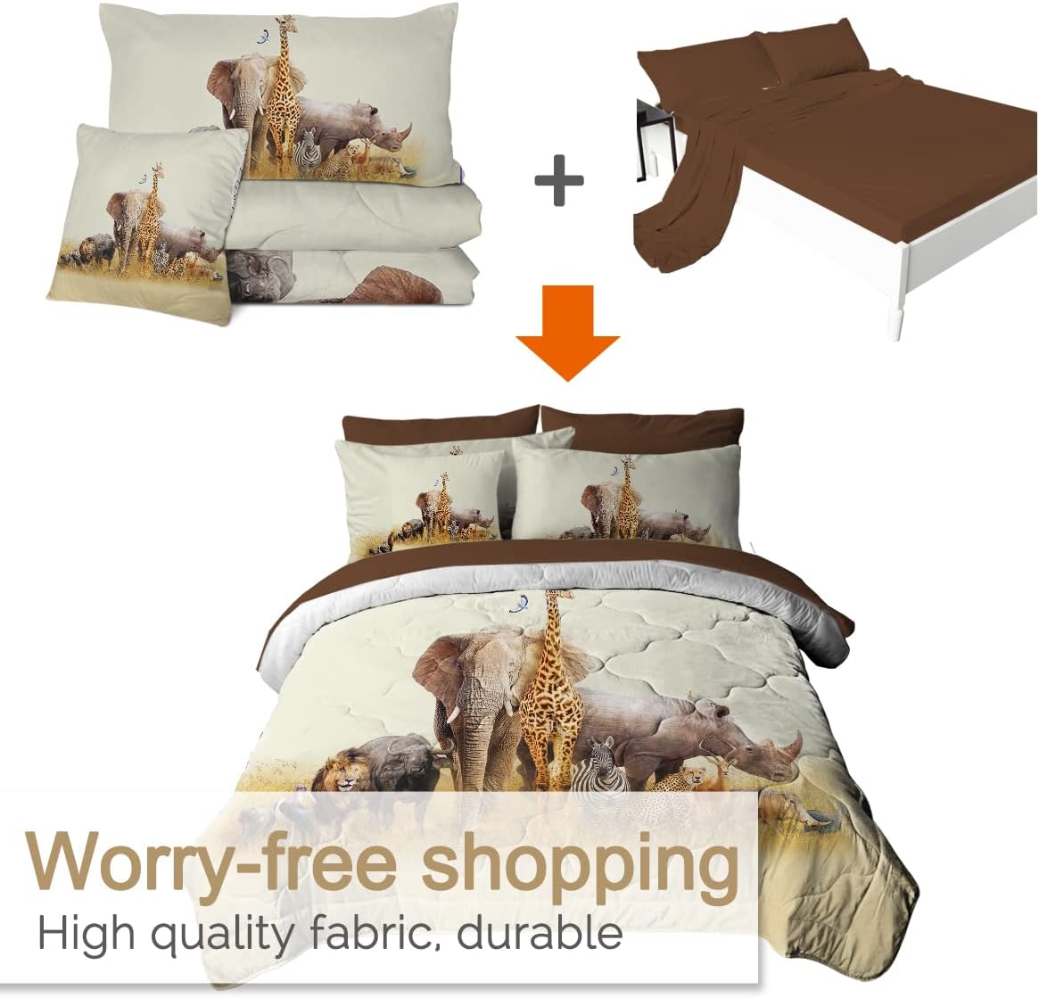 BlessLiving Safari Bed-in-A-Bag – Juego de edredón de 8 piezas de animales de la selva para niños, ropa de cama tamaño Queen, 1 edredón, 2 fundas, 1