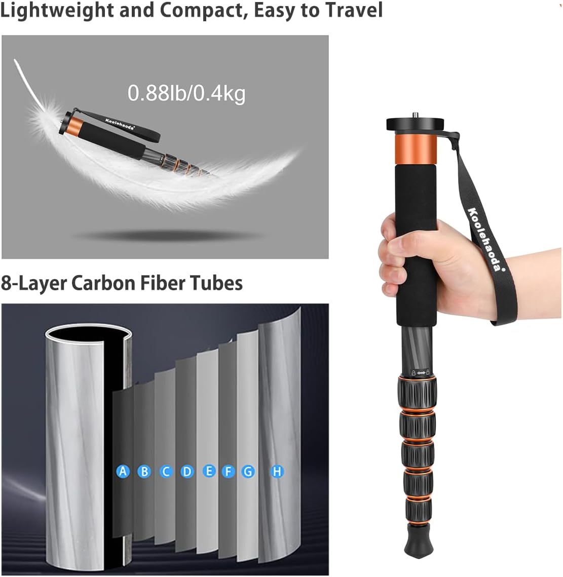 Koolehaoda Monopod de fibra de carbono de 6 secciones portátil compacto ligero monopod Unipod Stick para cámaras Canon, Nikon y Sony sin espejo y