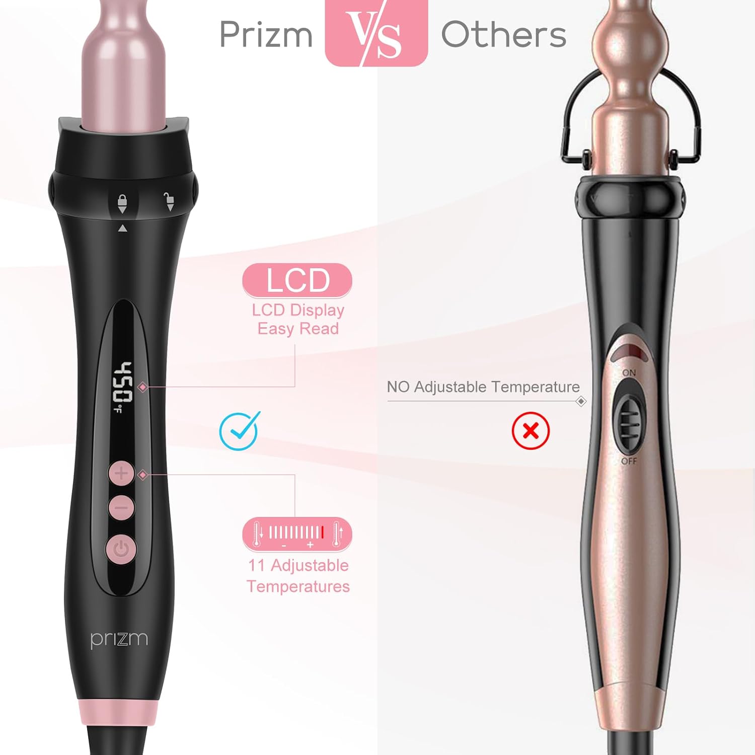 Prizm Juego de rizadores con abrazadera, 5 varillas rizadoras intercambiables, varita para el cabello 11 LCD de temperatura ajustable, 0.6 a 1.25