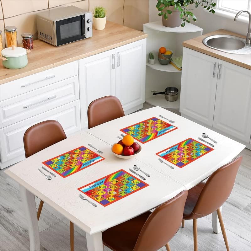 Juego de 4 manteles individuales para mesa del alfabeto inglés, manteles individuales de tela de animales de dibujos animados para niños, lindos