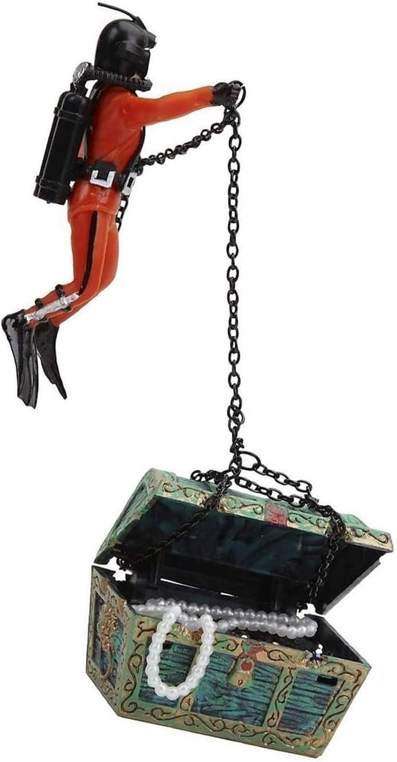 Saim Treasure Chest & Diver – Adorno de acuario con movimiento de burbujas de aire de acción en vivo