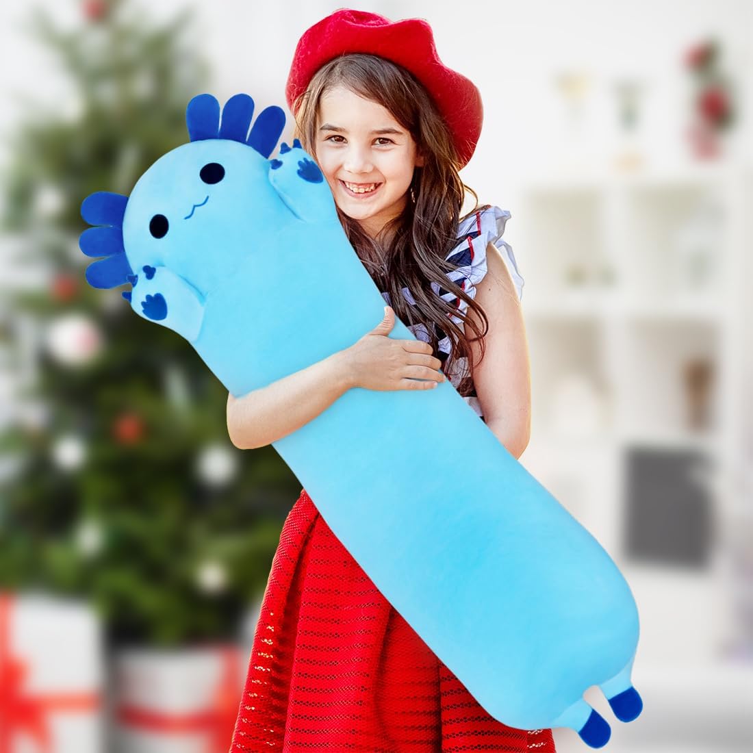 Juguete de ajolote de peluche de 43.3 pulgadas, almohada corporal de juguete de ajolote, regalo para niños y niñas (azul, 43.3 pulgadas)