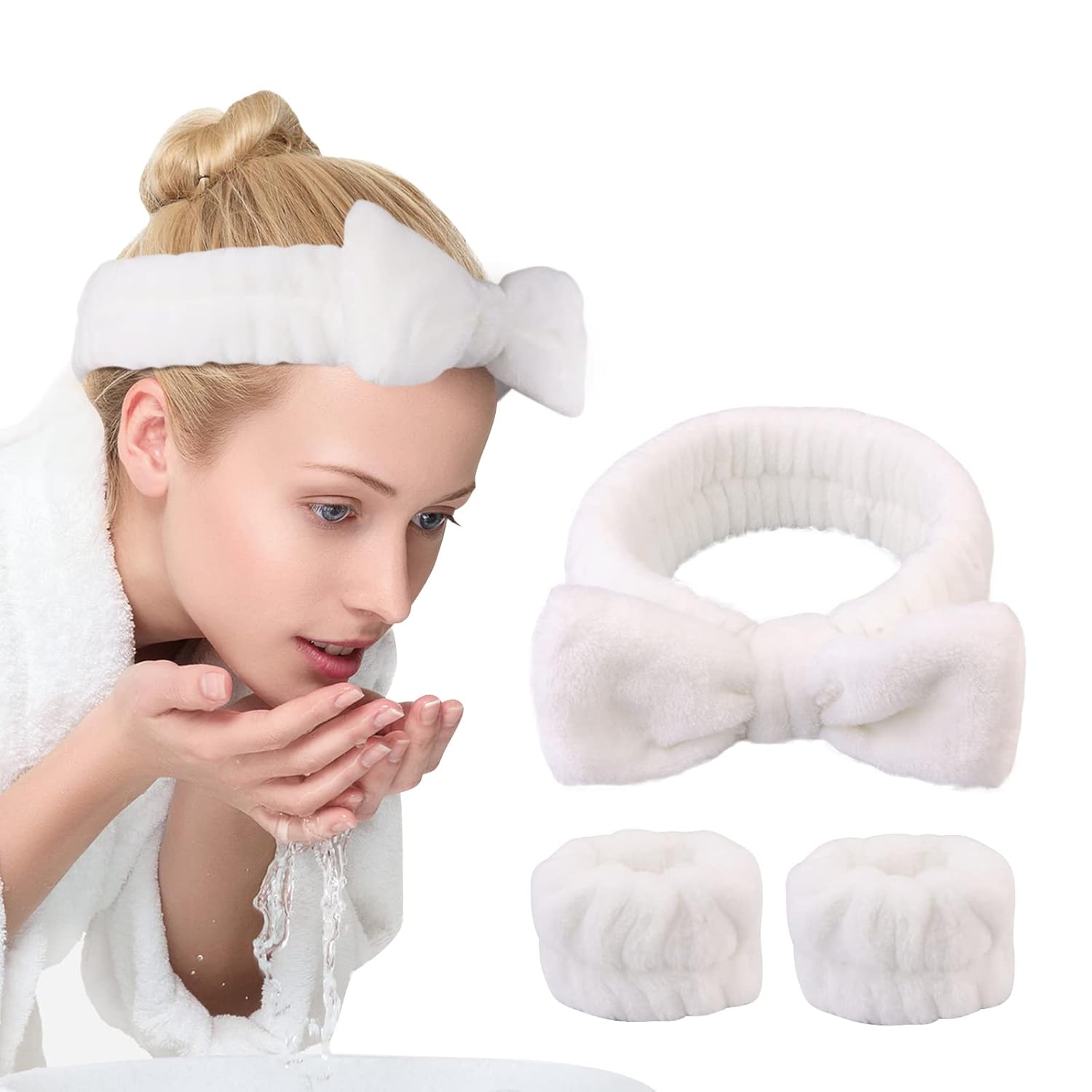 Juego de 3 diademas de spa y muñequeras para lavado de cara, reutilizables, suaves, para maquillaje, diademas de forro polar para el cuidado de la