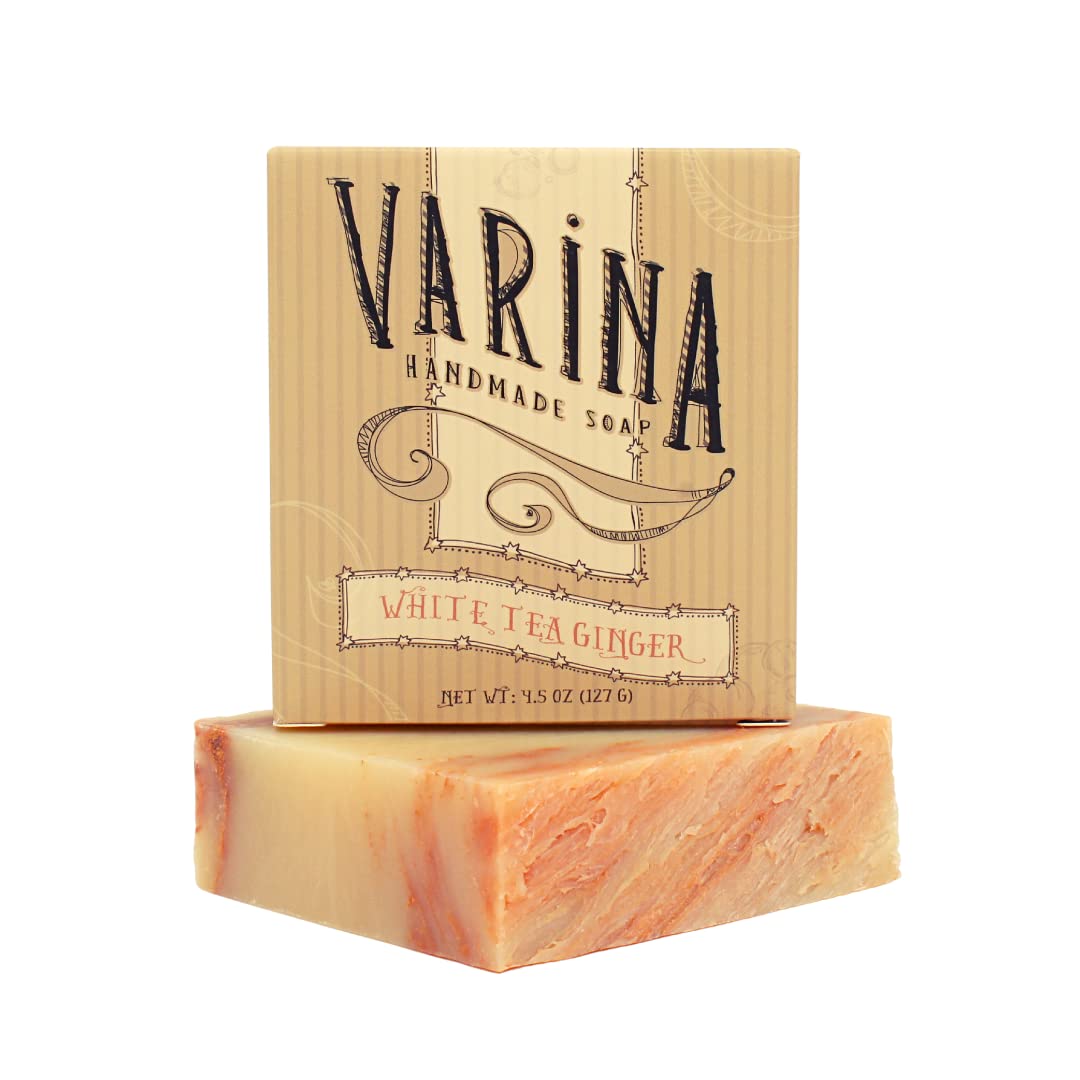 Varina Jabón en barra de jengibre de té blanco natural, limpieza suave para pieles sensibles, floral, paquete de 3, experimenta una piel sana y