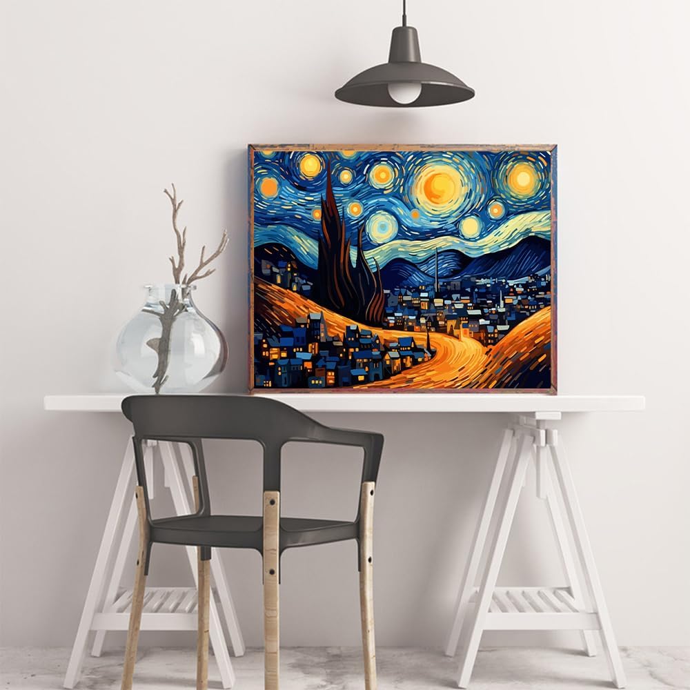 TUMOVO Pintura por números de noche estrellada, cielo y luna llena sobre la ciudad, pintura por números para adultos, estilo abstracto, pintura por