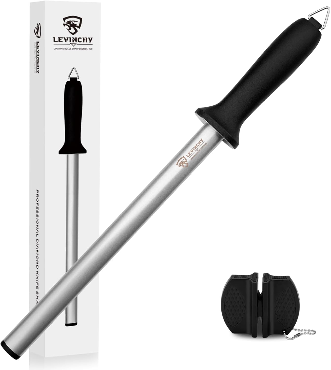 LEVINCHY Acero para afilar cuchillos de diamante de 10 pulgadas, acero profesional con revestimiento de diamante, barra afiladora de cuchillos de