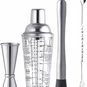 Juego de 4 cocteleras de 14 onzas, coctelera de vidrio Martini de 14 onzas, con doble jigger de medición (1 oz y 2 oz), mezclador de cóctel y Juego de 4 cocteleras de 14 onzas, coctelera de vidrio Martini de 14 onzas, con doble jigger de medición (1 oz y 2 oz), mezclador de cóctel y