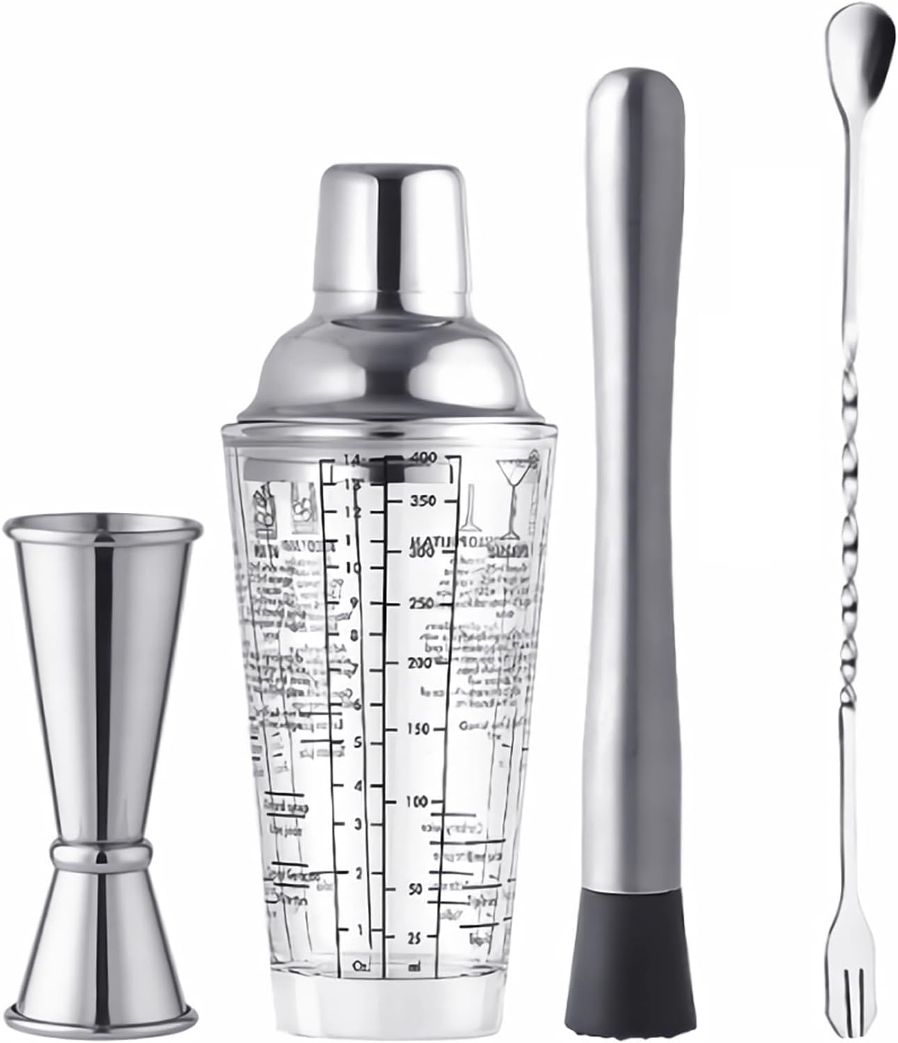 Juego de 4 cocteleras de 14 onzas, coctelera de vidrio Martini de 14 onzas, con doble jigger de medición (1 oz y 2 oz), mezclador de cóctel y