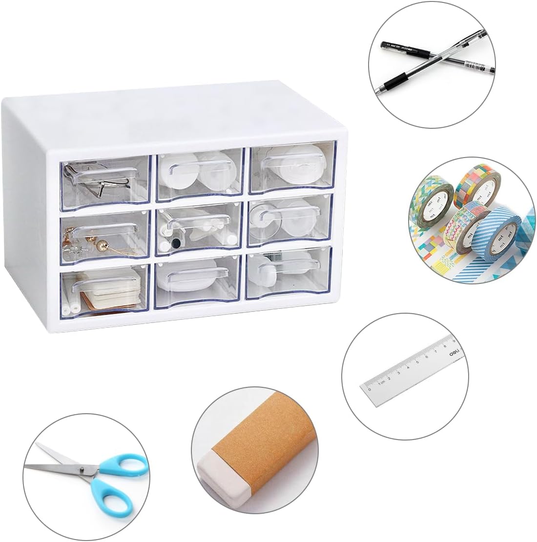 Buwico Organizador de escritorio con mini cajones, almacenamiento de plástico de tres cajones con 9 cajones, organizador de escritorio pequeño para