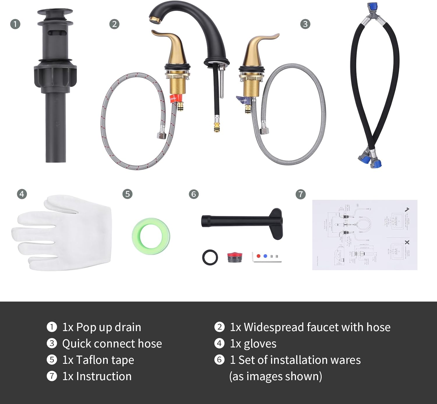WOWOW Grifo de baño generalizado negro y dorado, grifo de lavabo de 3 agujeros, grifo de lavabo de 2 manijas, grifo mezclador de 8 pulgadas con