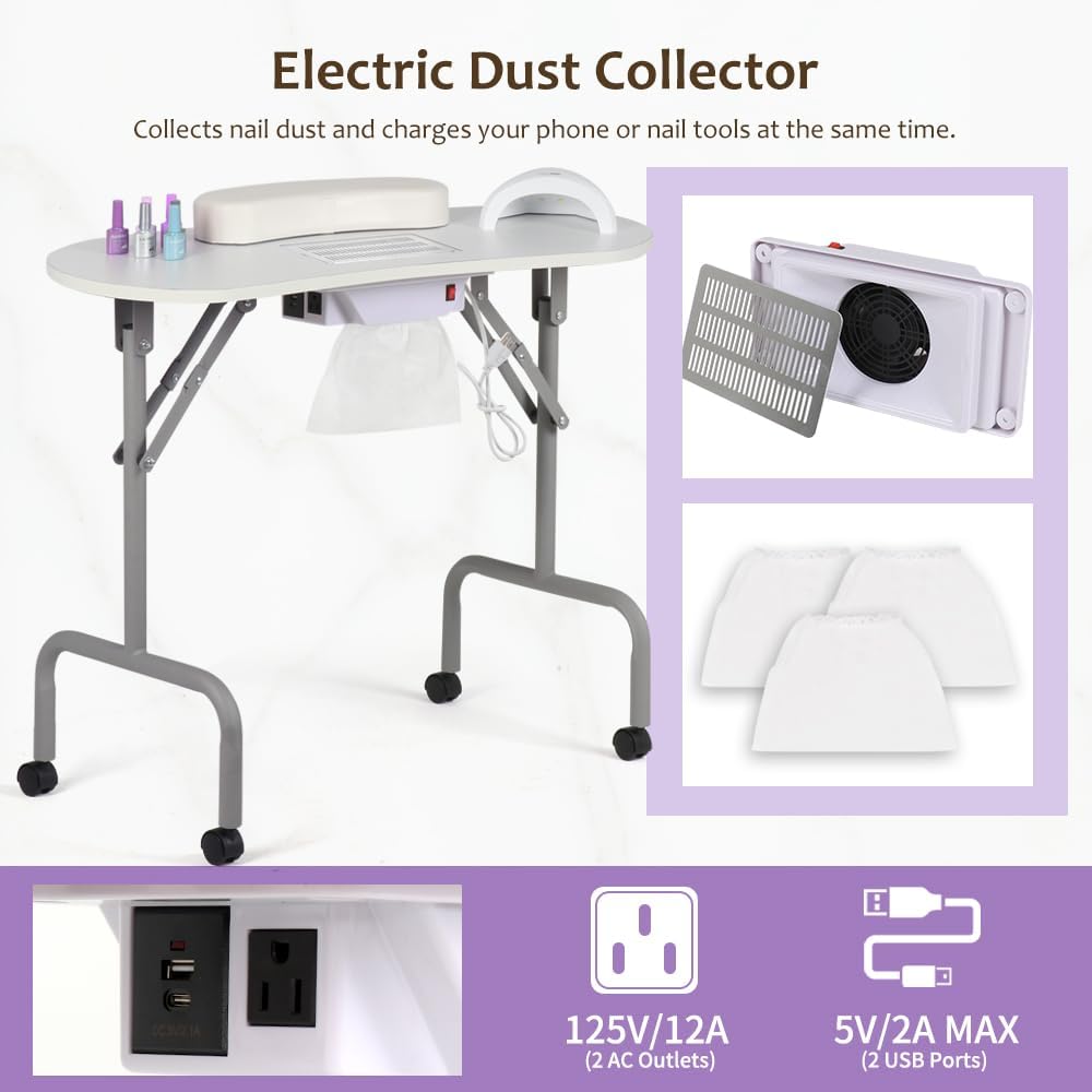 Mesa de manicura portátil plegable para uñas con estación de carga y colector de polvo, mesa profesional de tecnología de uñas para técnico, spa,