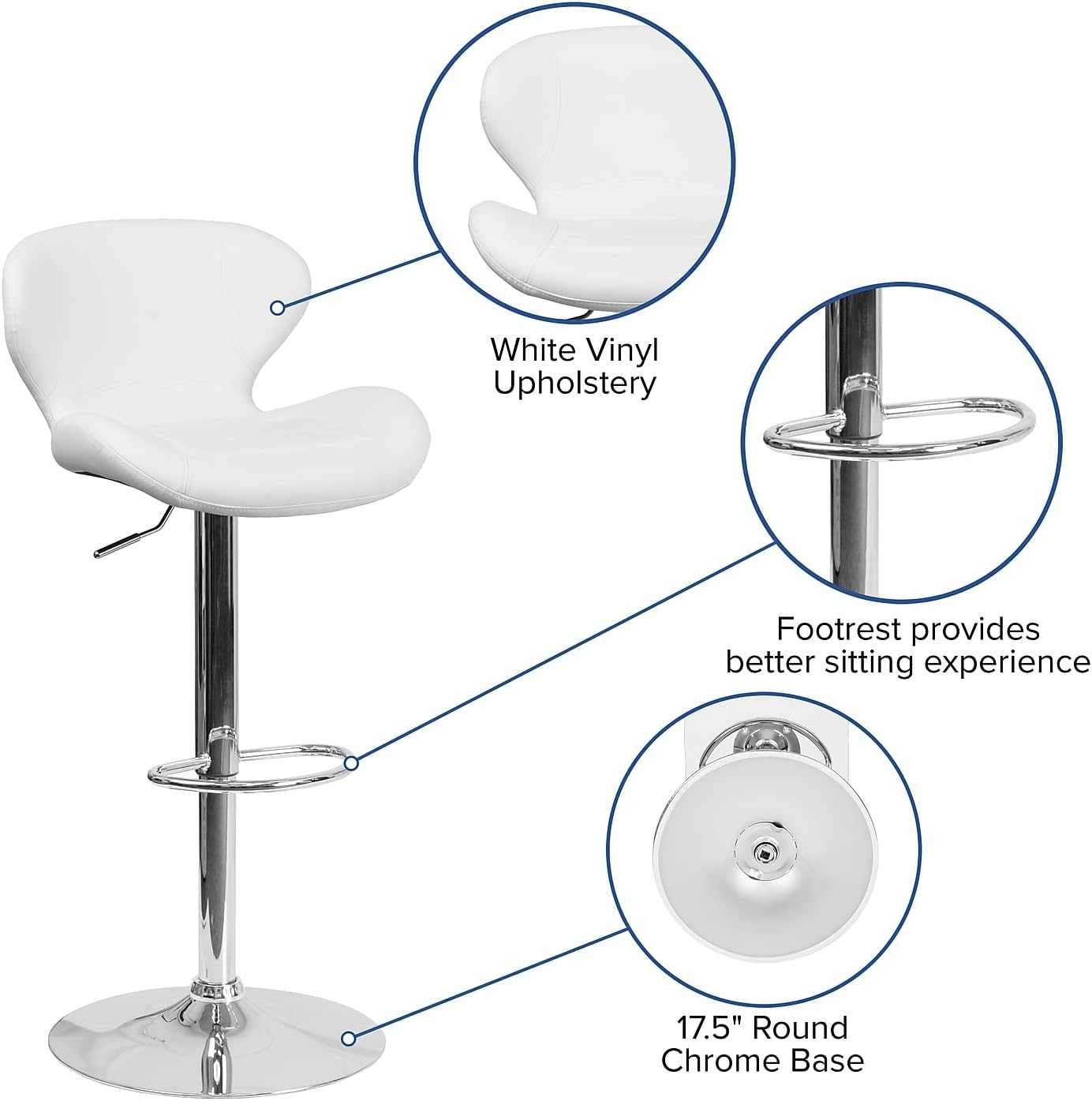 Flash Furniture Contemporáneo vinilo negro Altura Ajustable Taburete con Base Cromada, Vinilo, Blanco (White Vinyl)