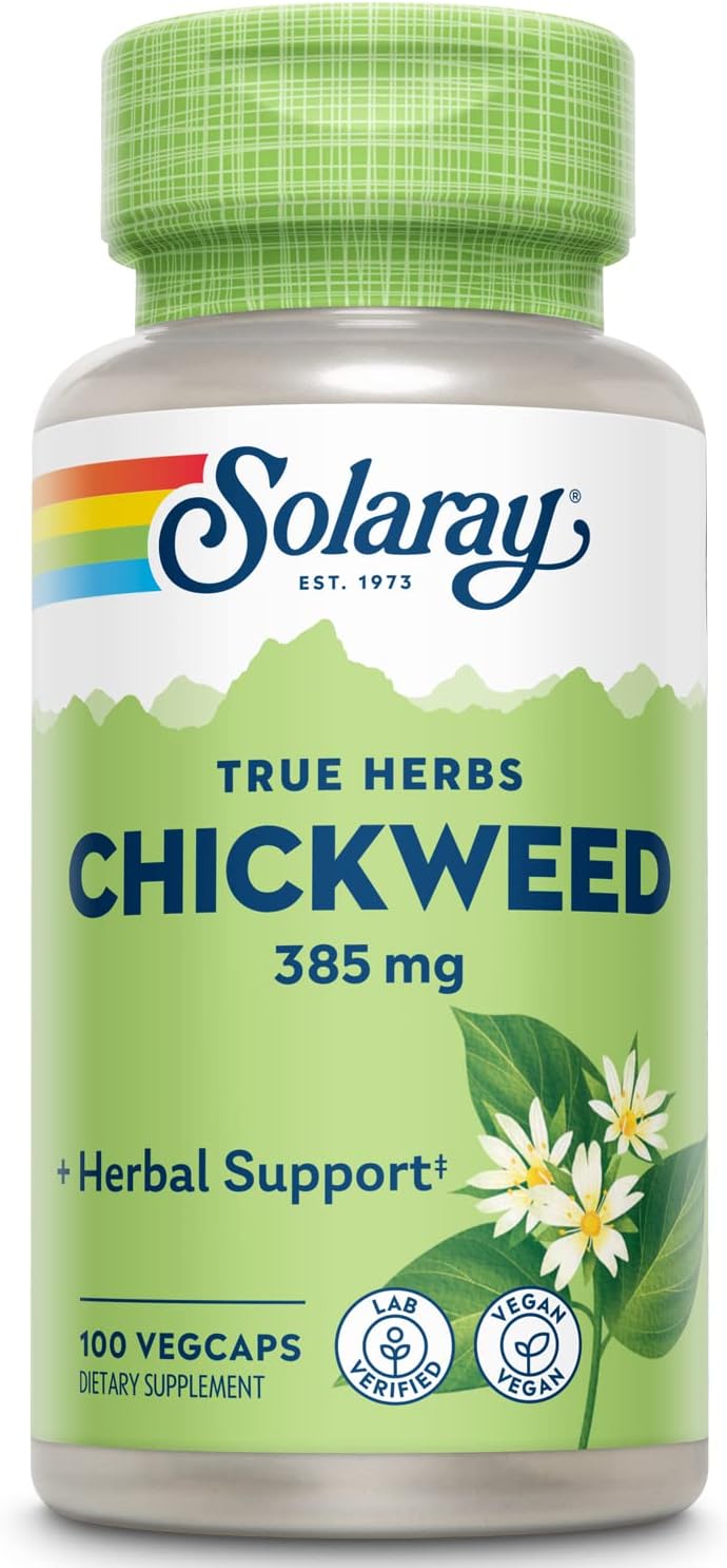 SOLARAY Chickweed 385 mg  Suplemento de hierbas  Apoyo para la digestión saludable, la piel y el apetito  Sin OMG, vegano y verificado en
