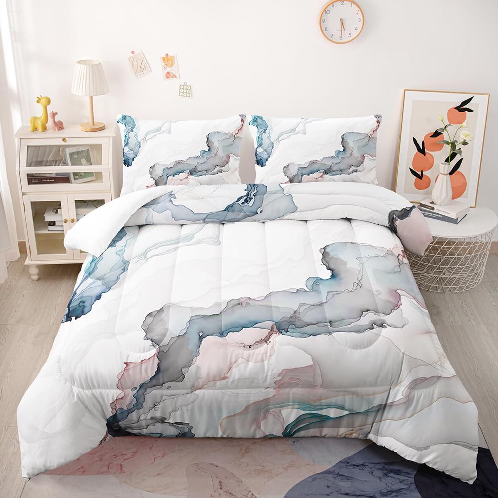 Marble Tie-Dye Comforter Set King Size Modern Blue Pink Bedding Set for Adult Women Men Abstract Tie Dye Duvet Quilt Sets 3Pcs Soft Lightweight