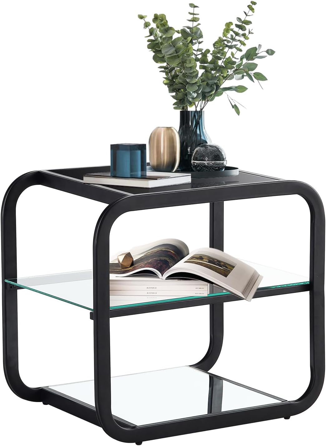 Get Set Style Mesa auxiliar con estante de almacenamiento de 3 niveles, mesa auxiliar cuadrada moderna, mesa auxiliar pequeña con marco de metal