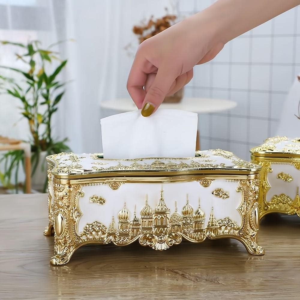 Soporte para cubierta de pañuelos, castillo creativo en relieve y diamantes de imitación rectangular de acrílico para caja de pañuelos