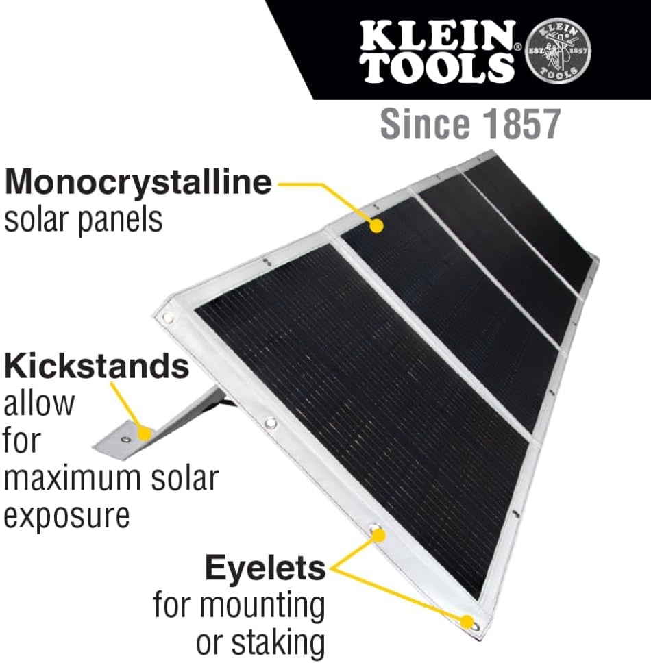 Klein Tools 29251 Panel solar portátil de 200 W, cargador solar plegable al aire libre con puerto USB-A para centrales eléctricas, baterías y