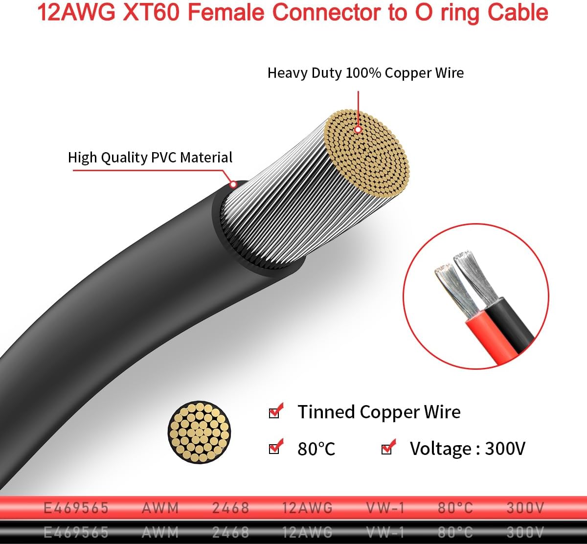XT60 – Cable terminal de anillo tórico, cable conector hembra XT60 de 12 AWG a anillo O con cable puro estañado para batería RC, estación de energía