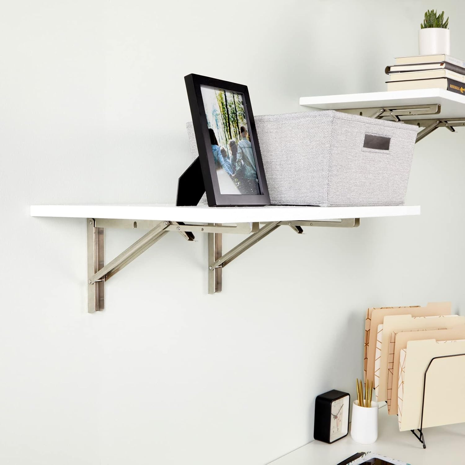 Paquete de 2 soportes plegables en L, accesorios plegables de 14 pulgadas con bisagra de bloqueo para el hogar, estantes de garaje, soporta 140