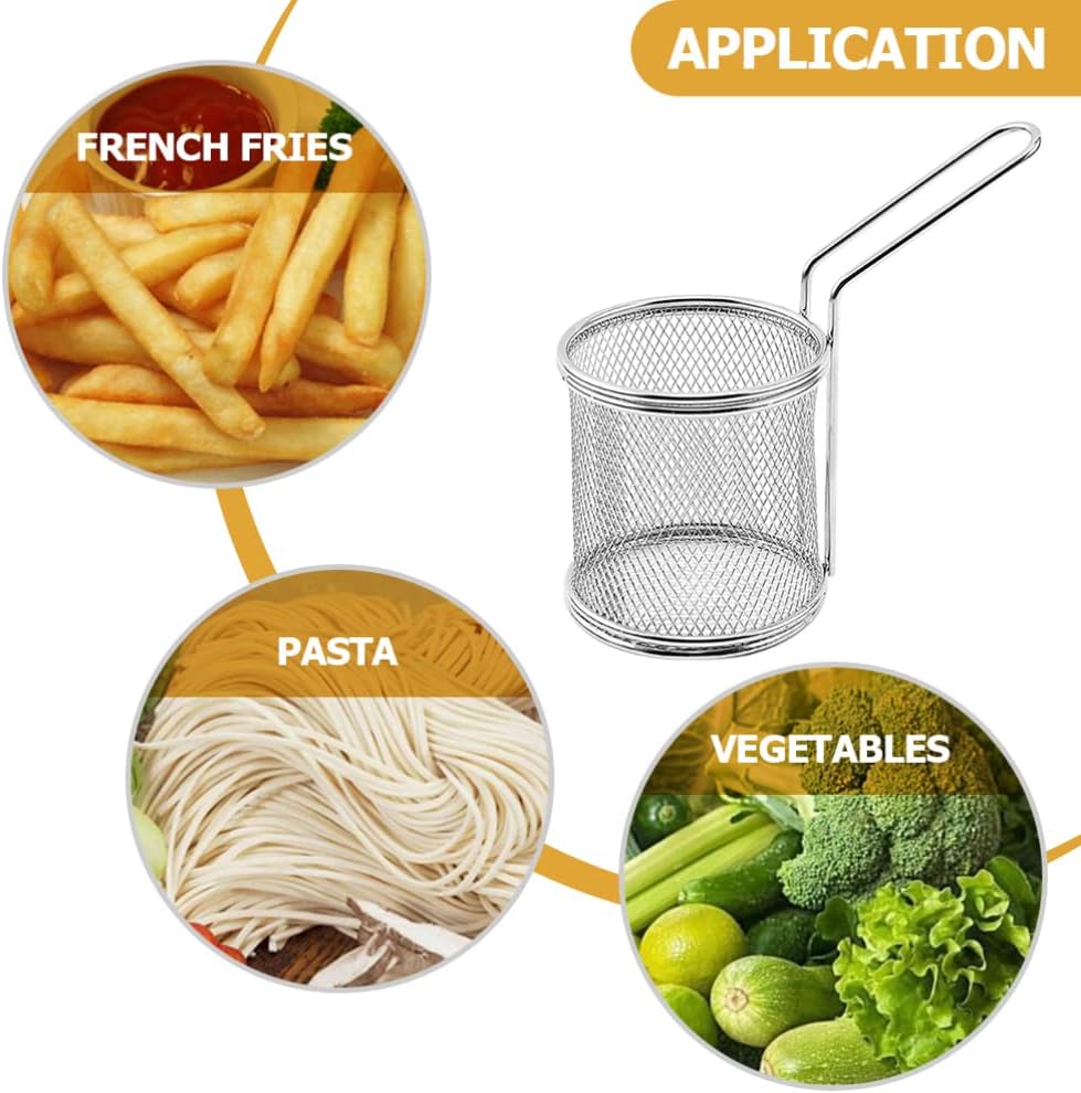 Cesta de acero inoxidable para freír profunda, 2 unidades, malla de alambre redonda, cesta para freír chips franceses con asa, vajilla de