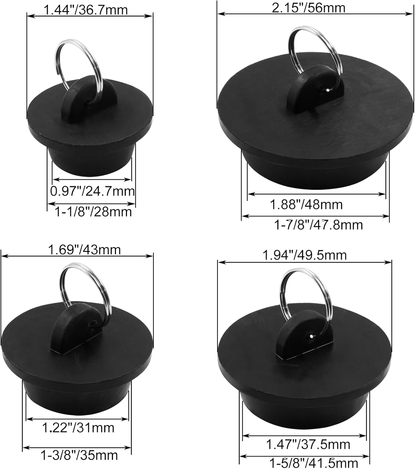 Paquete de 4 tapones de goma para fregadero de bañera, tapones de drenaje de bañera negros con anillo de tracción para cocina, bañera, fregadero de