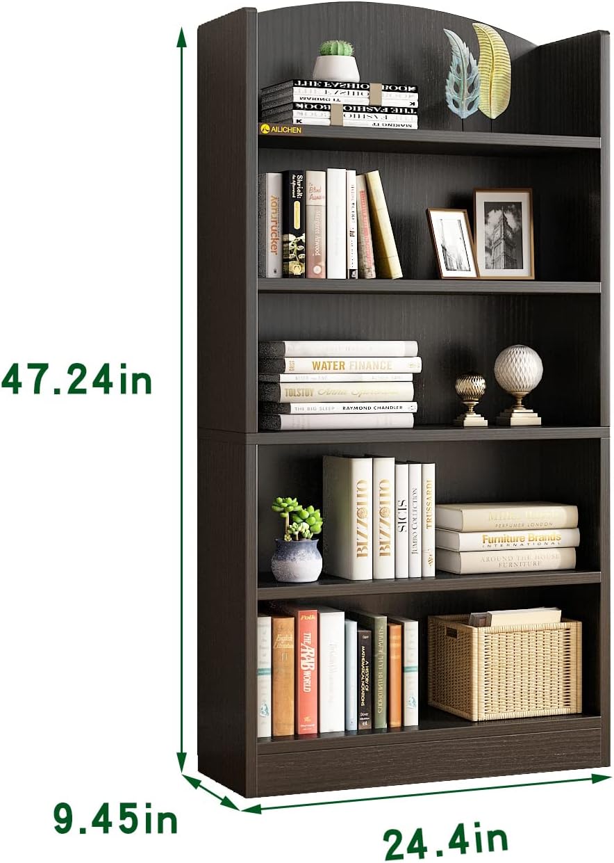 Estantería negra de 5 niveles y estantería abierta, estantería de madera de 47.24 pulgadas de alto con estante de almacenamiento, estantes de