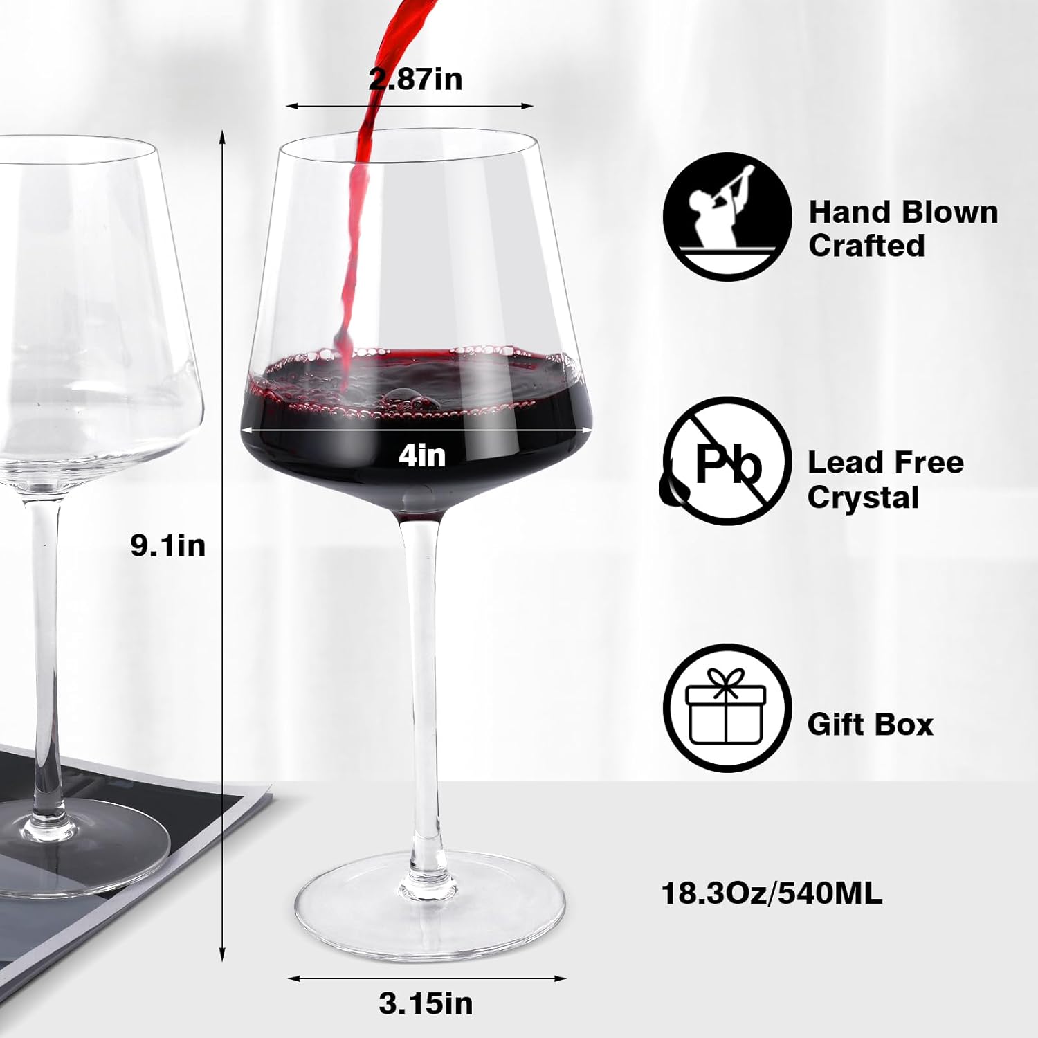 Yaschmo Juego de 4 copas de vino de cristal borgoña de 25 onzas, juego de 4 copas de vino Morden de 18 onzas, con tallo alto para vino tinto y