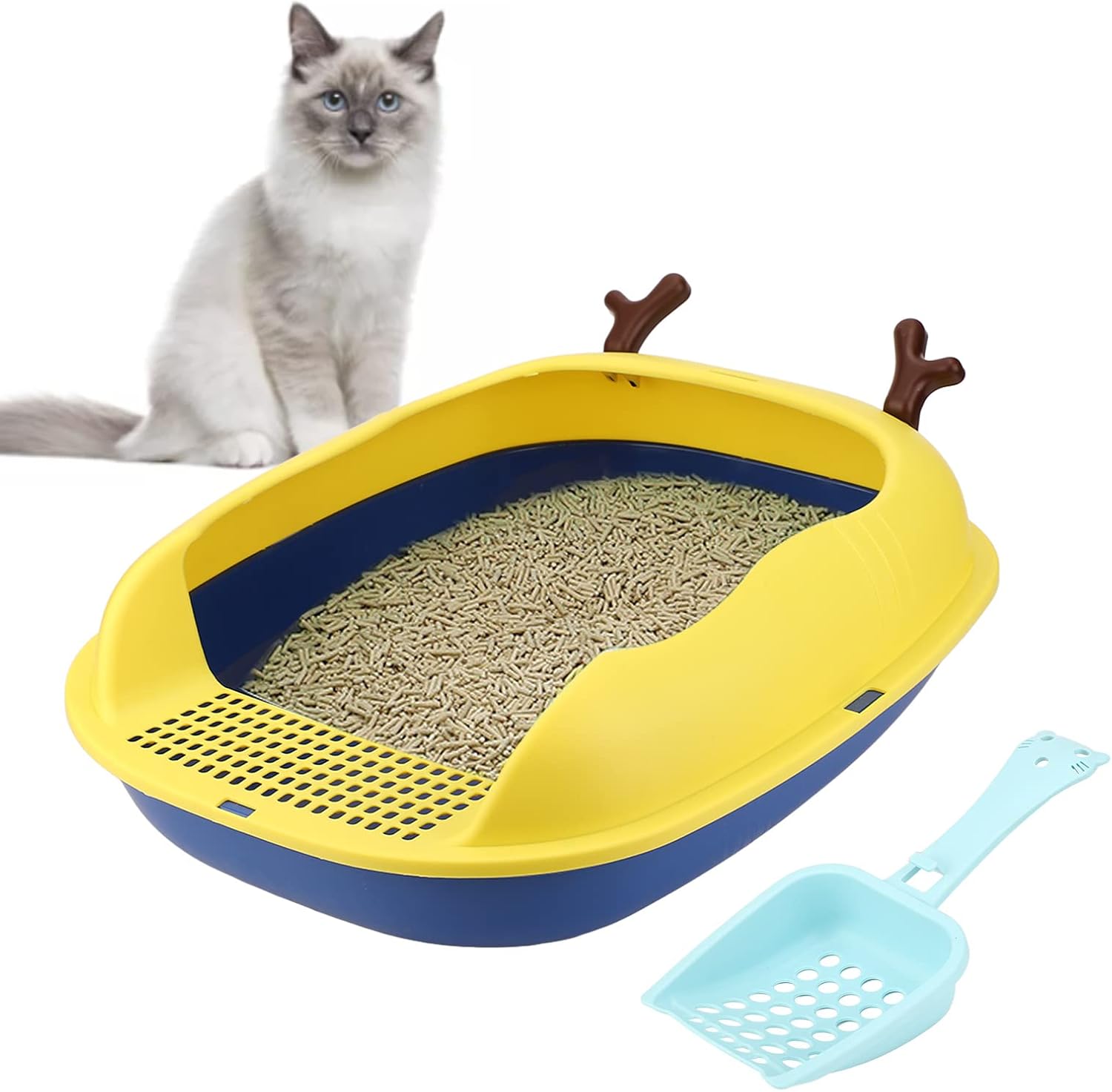 Caja de arena abierta para gatos, sartén a prueba de salpicaduras, bandeja de arena para gatitos, semicerrada, gran espacio, inodoro con pala para