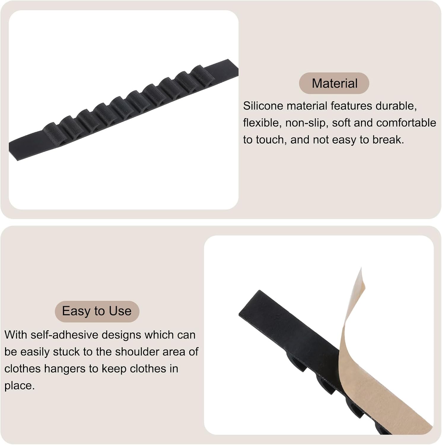 uxcell 50 tiras adhesivas de silicona antideslizantes para colgar ropa para perchas de madera y plástico, color negro (3.54 x 0.39 pulgadas)