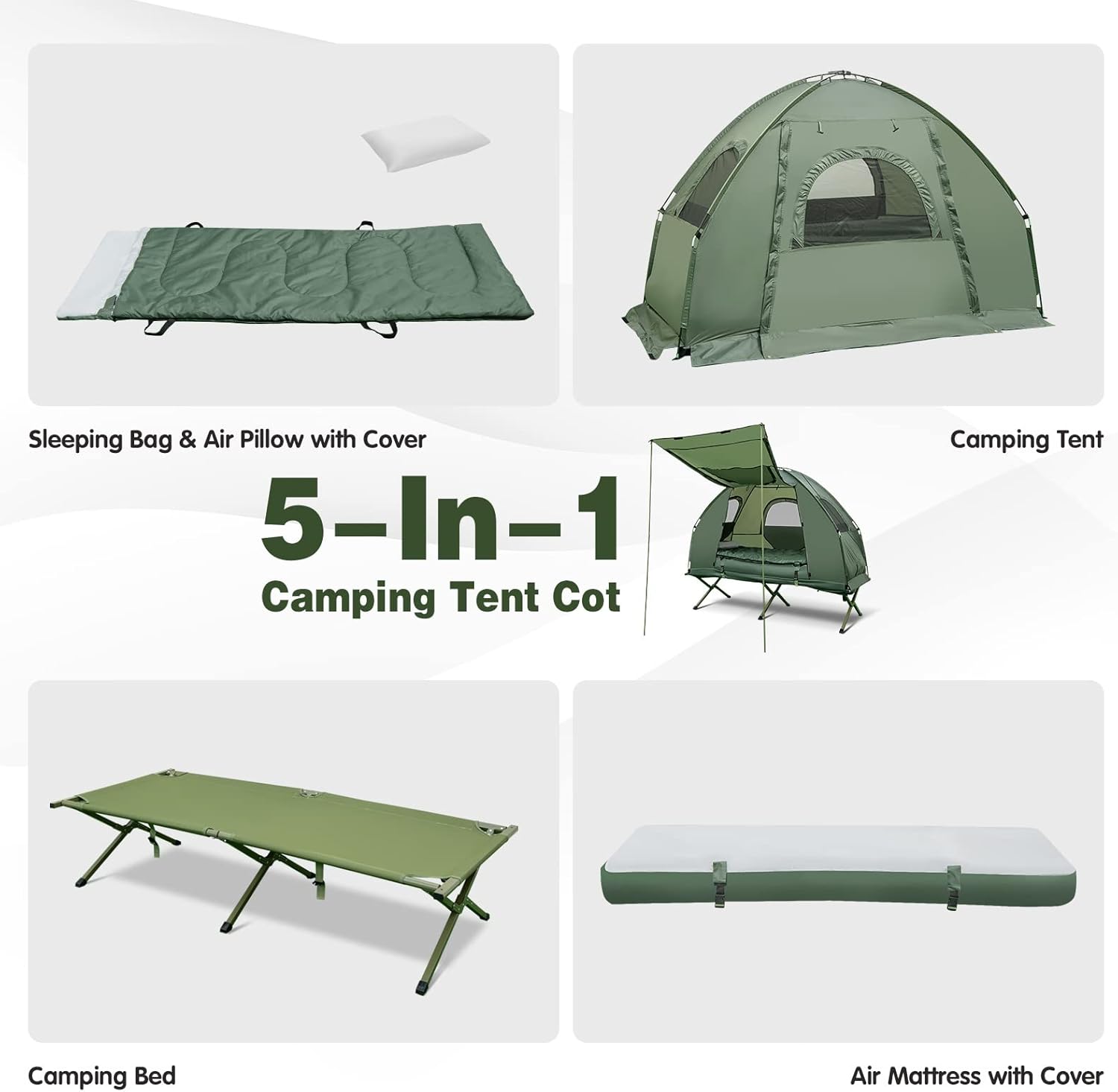 Safstar – Catre 5 en 1, tienda de campaña con colchón de aire, saco de dormir, catre de campamento, toldo y almohada de aire, bolsa de transporte,